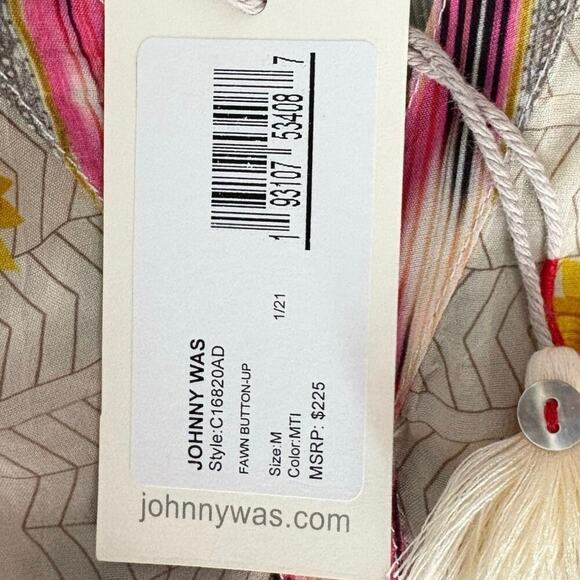 Johnny Was Fawn Beige Button Up Mixed Floral Boho Peasant Blouse Size M Tunic - Picture 12 of 13